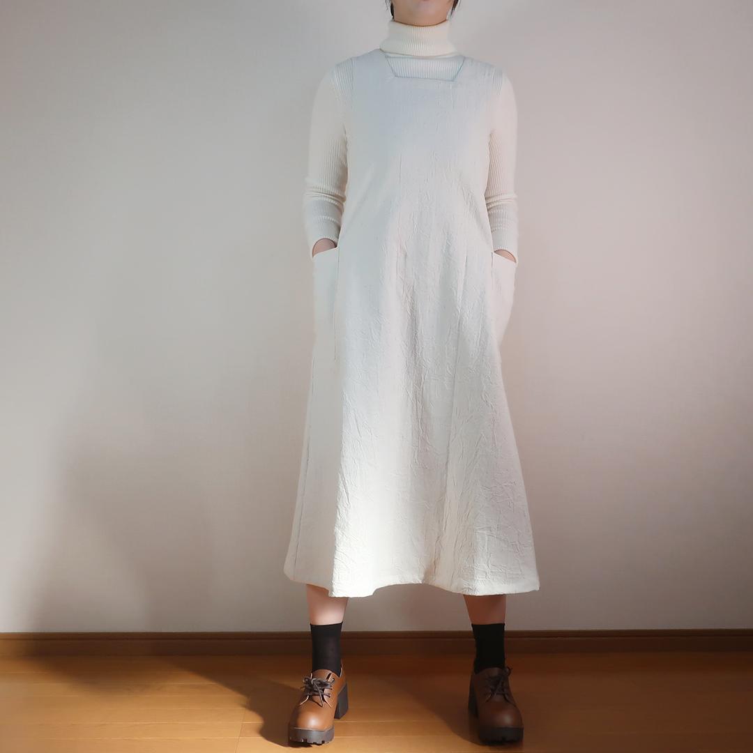 ２サイズ Ａライン スクエアネックジャンパースカート（シワ加工綿麻／全９色） | 4枚目