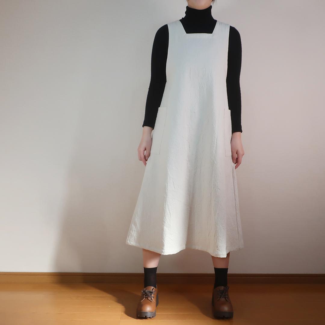 ２サイズ Ａライン スクエアネックジャンパースカート（シワ加工綿麻／全９色） | 5枚目
