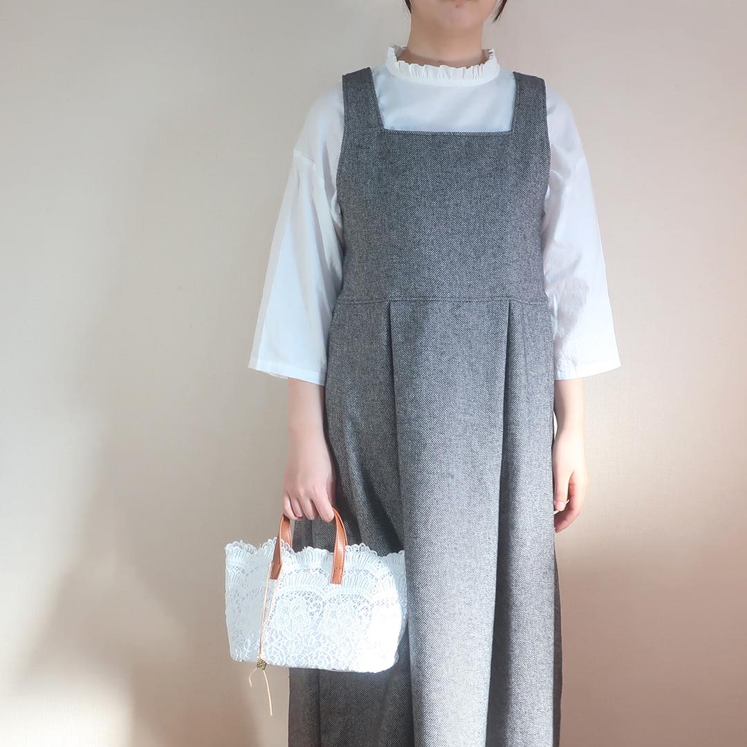 入・卒業式にも 春先まで ハイウエスト スクエアネックタックジャンパースカート（コットンツイード／グレー） | 7枚目