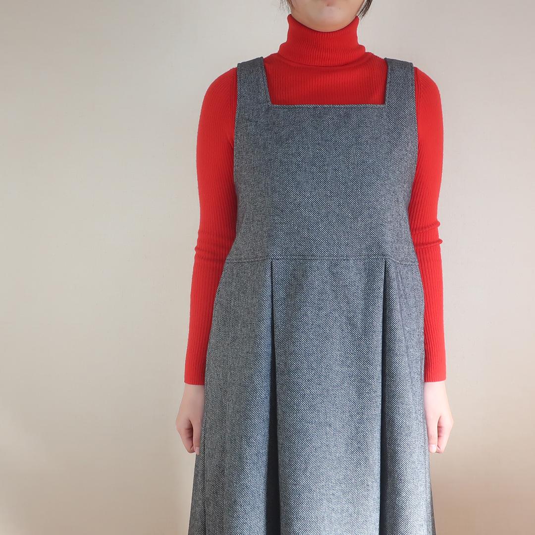 入・卒業式にも 春先まで ハイウエスト スクエアネックタックジャンパースカート（コットンツイード／グレー） | 5枚目