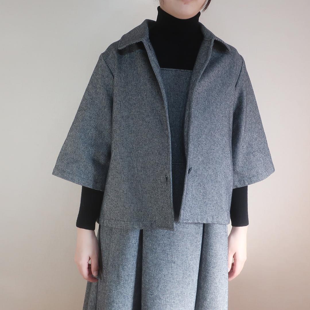 入・卒業式にも 春先まで ハイウエスト スクエアネックタックジャンパースカート（コットンツイード／グレー） | 15枚目