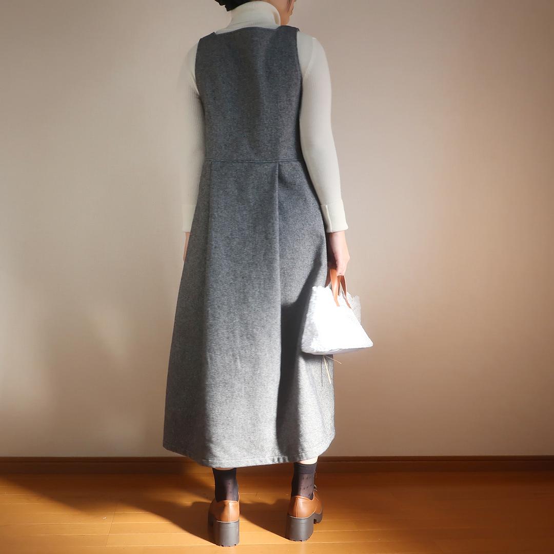 入・卒業式にも 春先まで ハイウエスト スクエアネックタックジャンパースカート（コットンツイード／グレー） | 9枚目