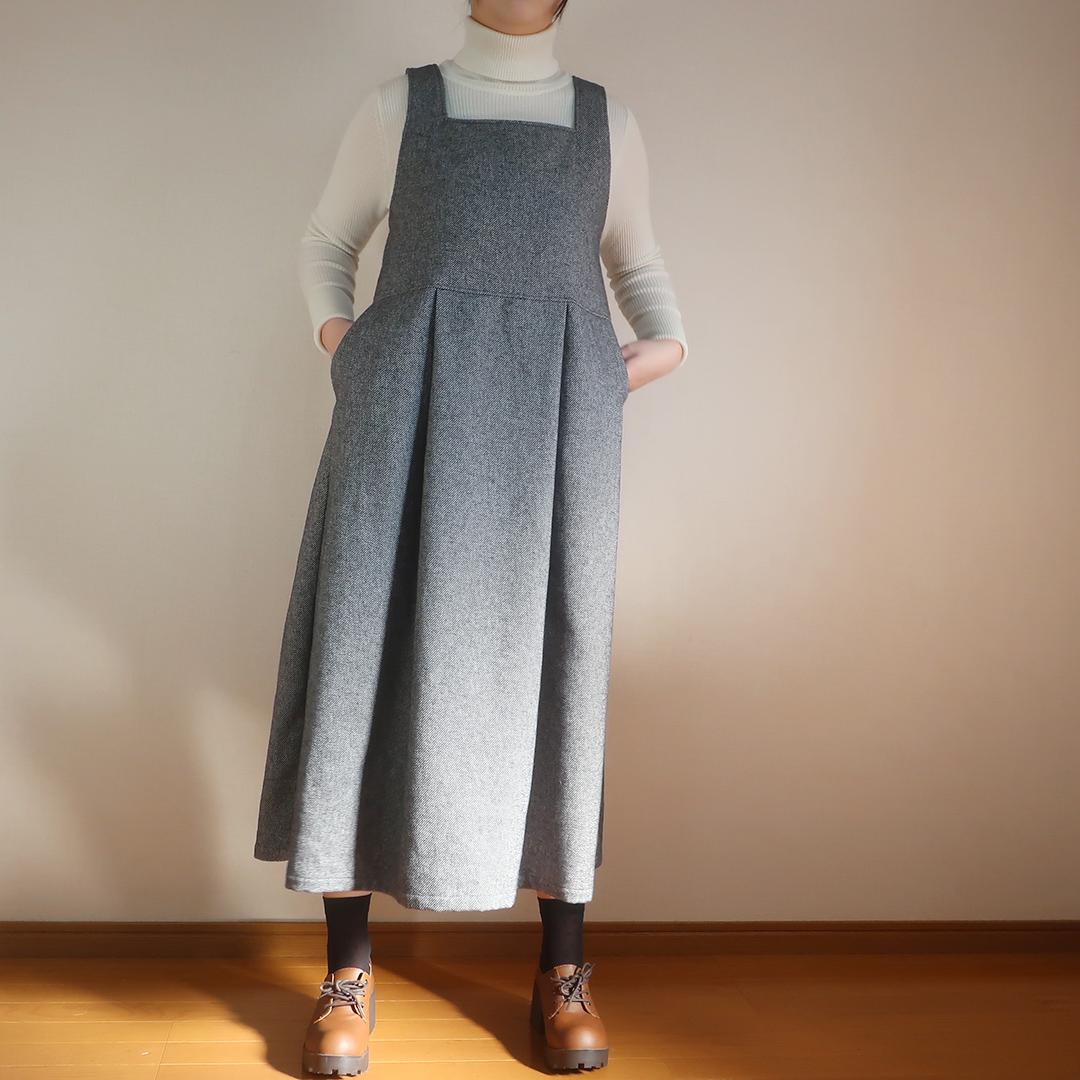 入・卒業式にも 春先まで ハイウエスト スクエアネックタックジャンパースカート（コットンツイード／グレー） | 10枚目