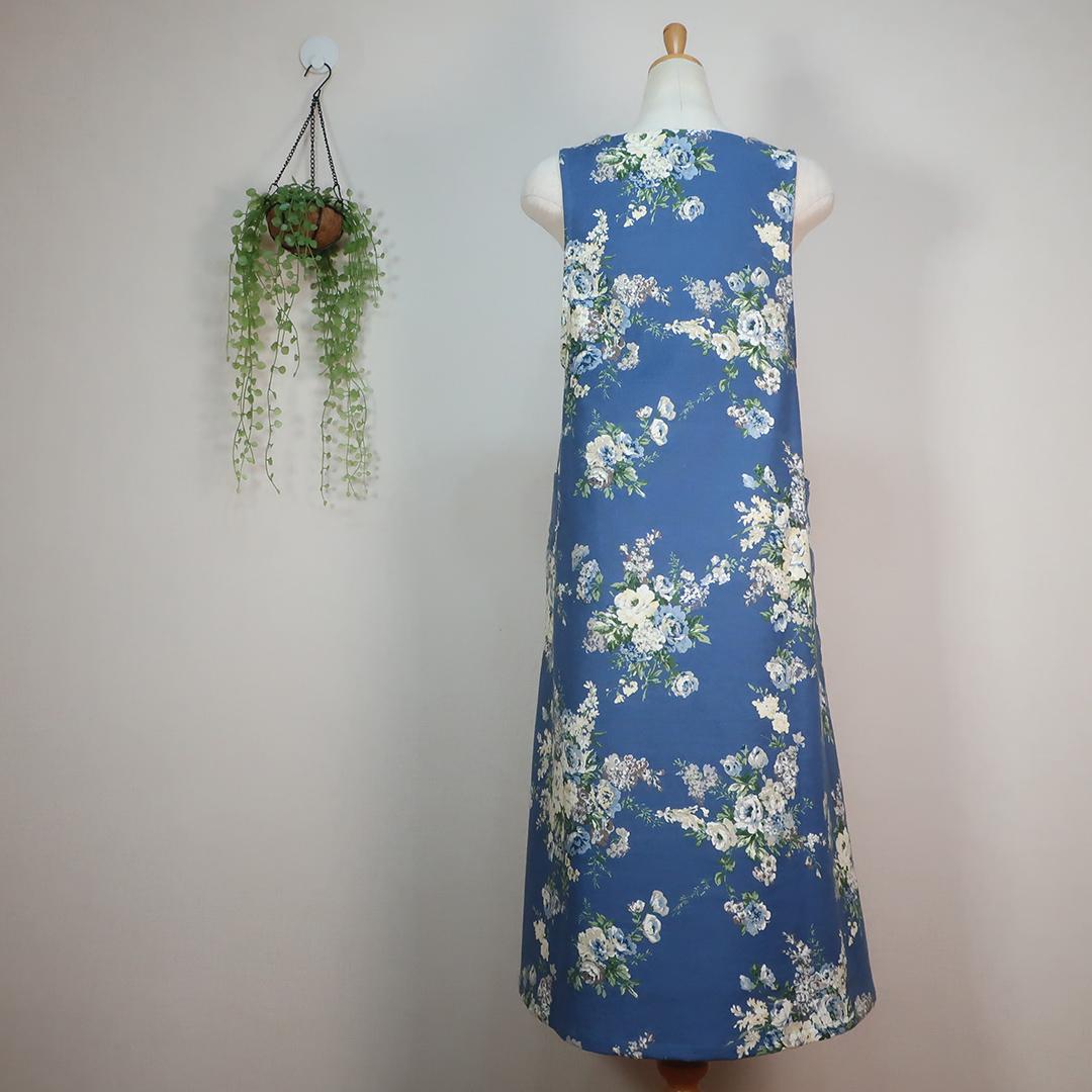 爽やかブルーの花柄Ａライン スクエアネックジャンパースカート（コットン／ブルー花柄） | 13枚目