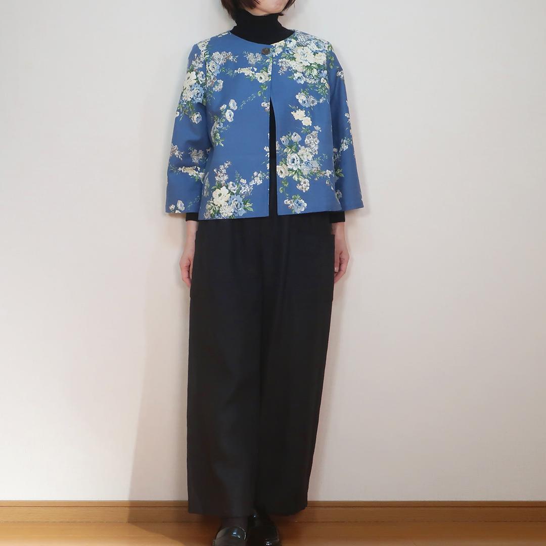 全季節対応 爽やかブルーの花柄 ワンボタンジャケット（コットン／ブルー花柄） | 14枚目