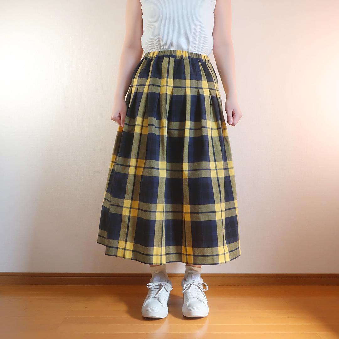春一番 体型カバー 黄＆黒 チェック柄 タックスカート（綿麻／チェック柄）1枚目の画像