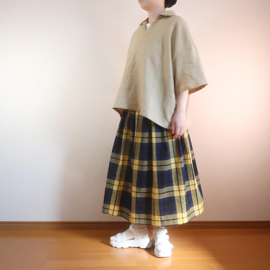 春一番 体型カバー 黄＆黒 チェック柄 タックスカート（綿麻／チェック柄） | 10枚目