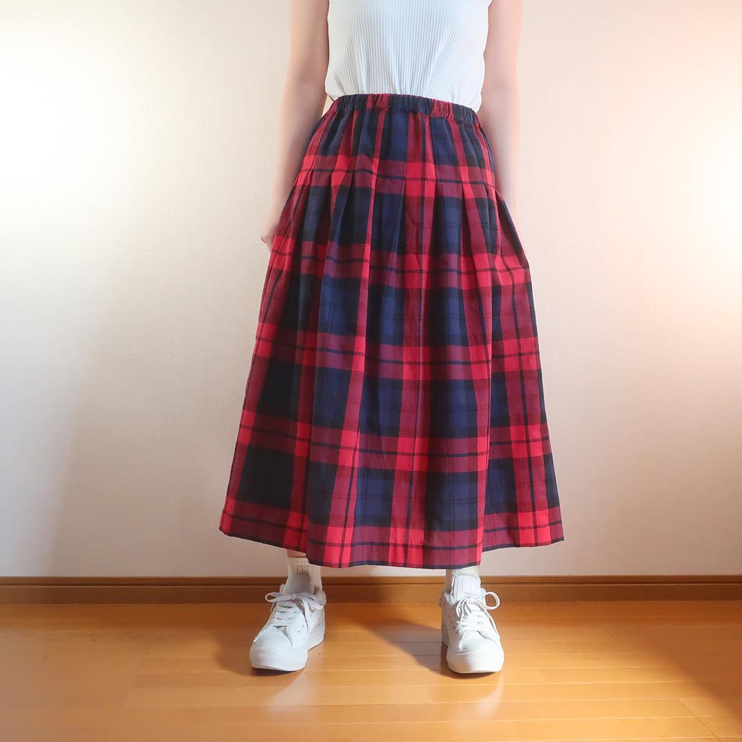 春一番 体型カバー 黄＆黒 チェック柄 タックスカート（綿麻／チェック柄） | 16枚目