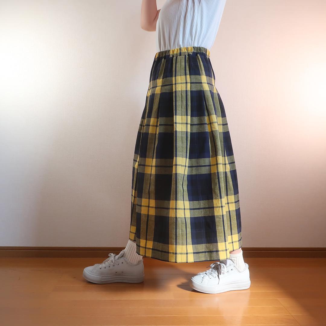 春一番 体型カバー 黄＆黒 チェック柄 タックスカート（綿麻／チェック柄） | 4枚目