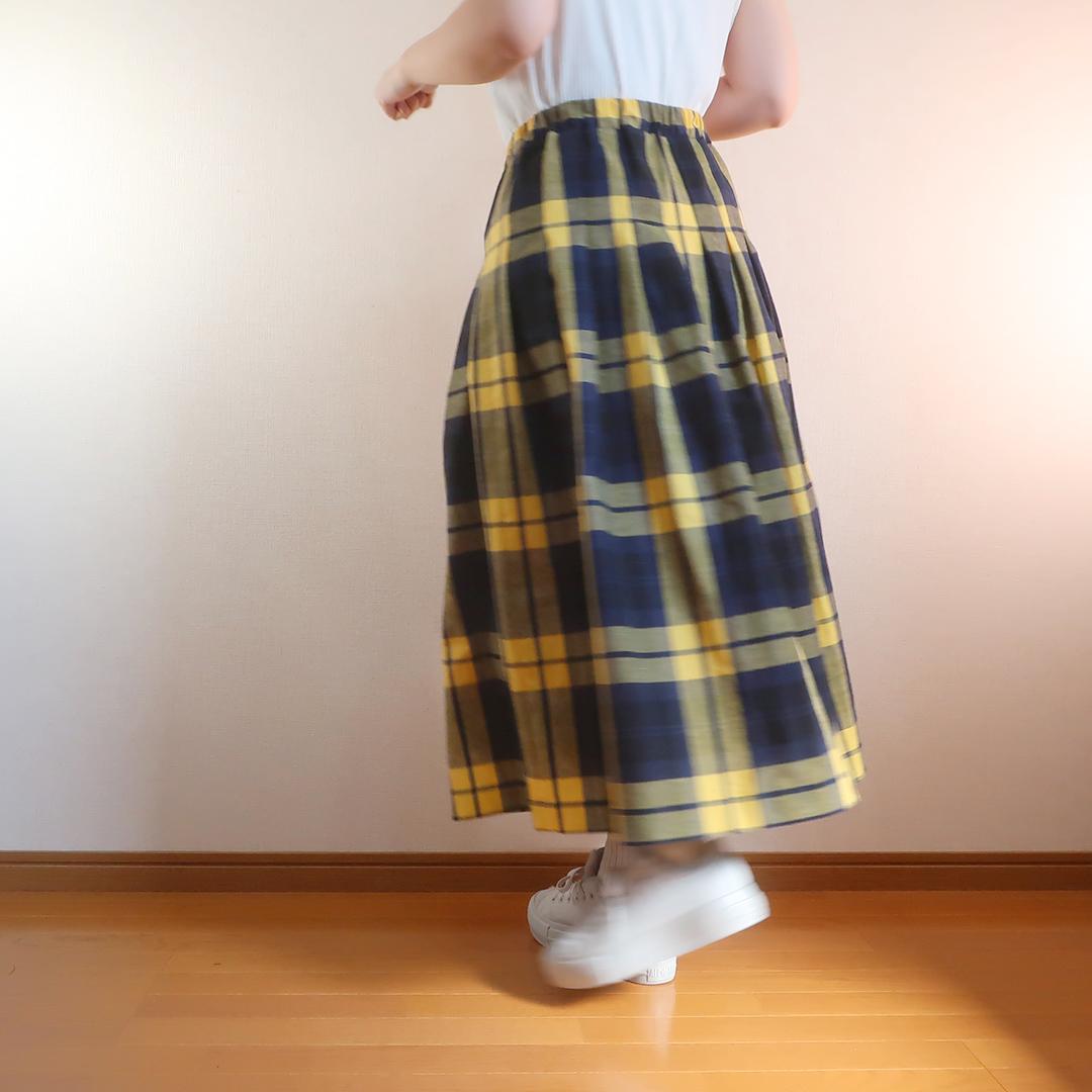 春一番 体型カバー 黄＆黒 チェック柄 タックスカート（綿麻／チェック柄） | 3枚目