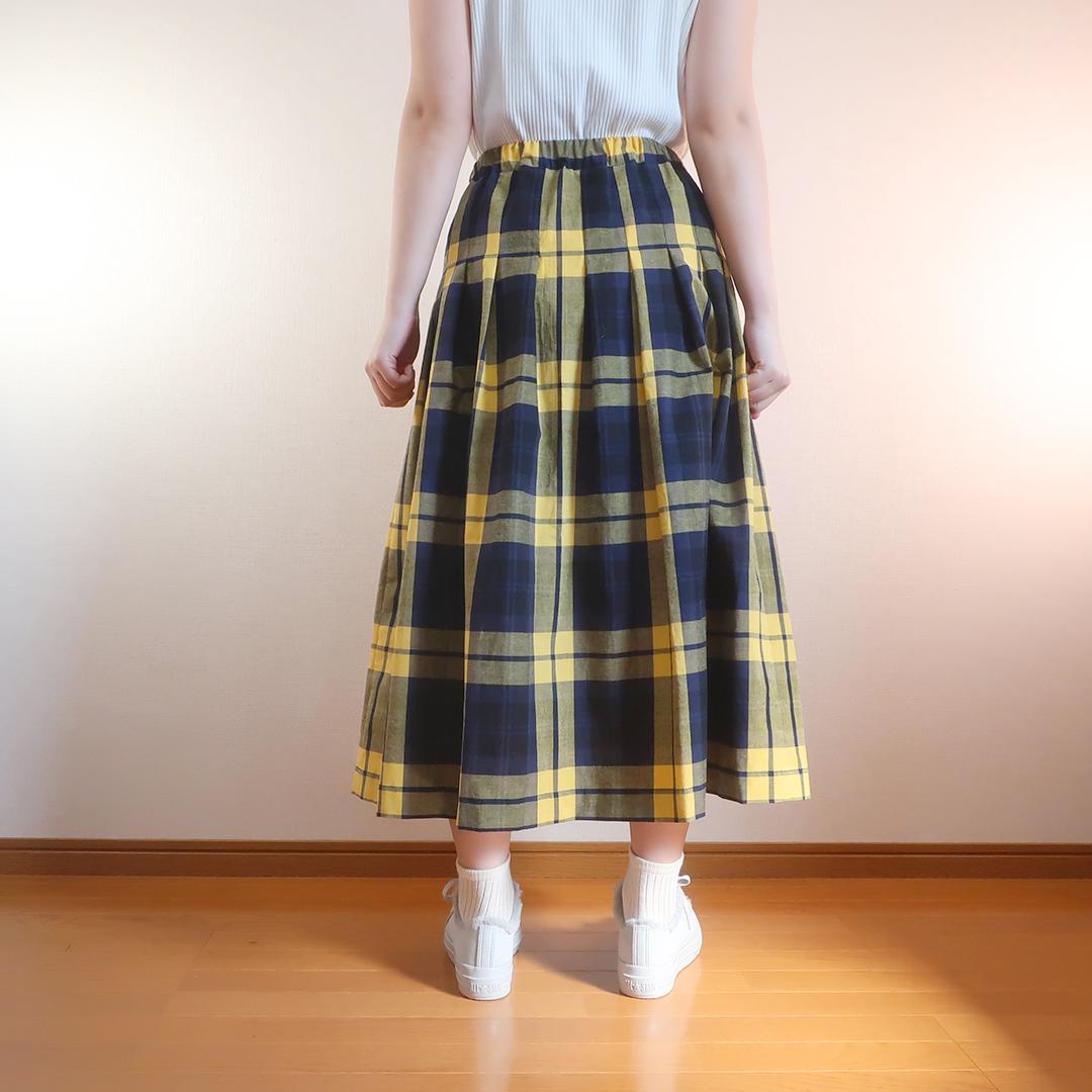 春一番 体型カバー 黄＆黒 チェック柄 タックスカート（綿麻／チェック柄） | 5枚目