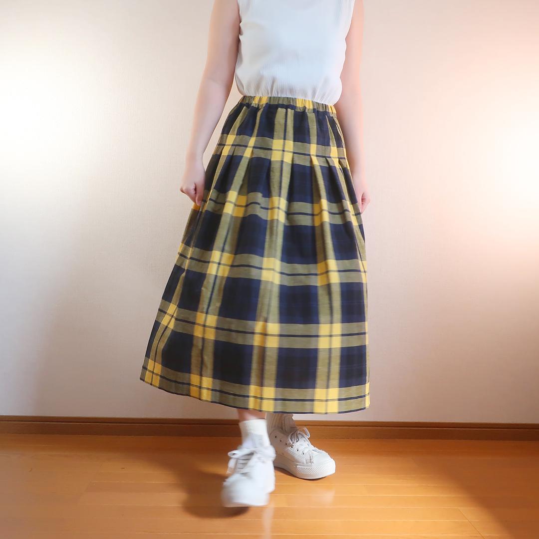 春一番 体型カバー 黄＆黒 チェック柄 タックスカート（綿麻／チェック柄） | 6枚目