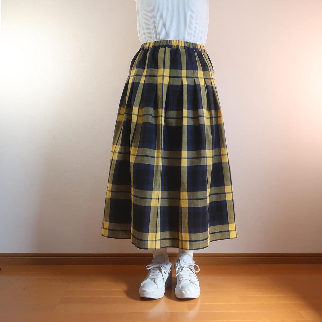 春一番 体型カバー 黄＆黒 チェック柄 タックスカート（綿麻／チェック柄） | 7枚目