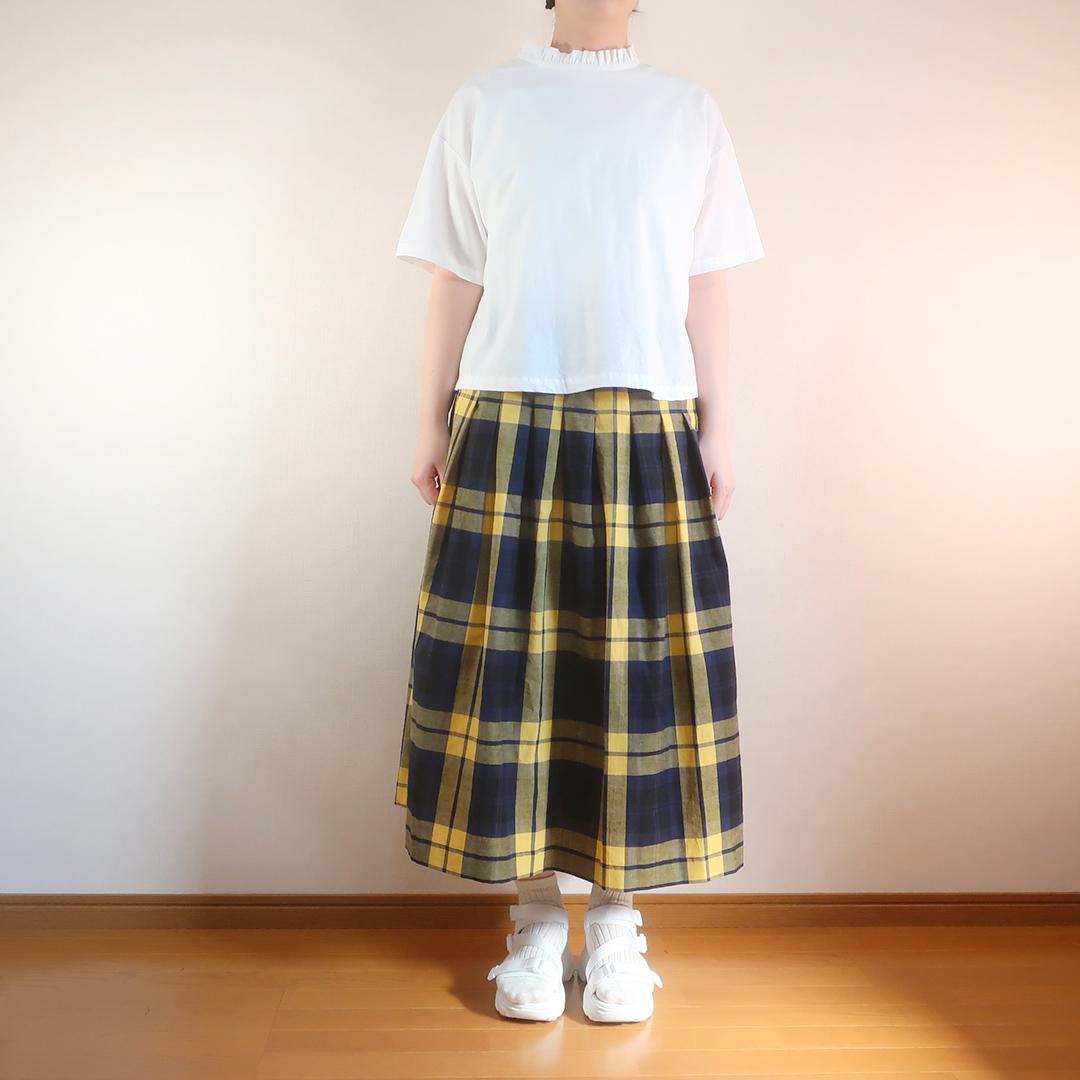 春一番 体型カバー 黄＆黒 チェック柄 タックスカート（綿麻／チェック柄） | 8枚目