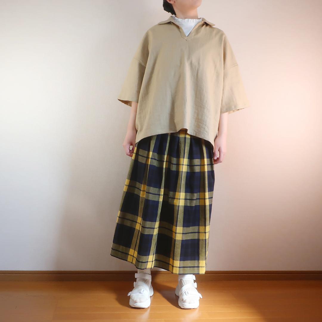 春一番 体型カバー 黄＆黒 チェック柄 タックスカート（綿麻／チェック柄） | 9枚目