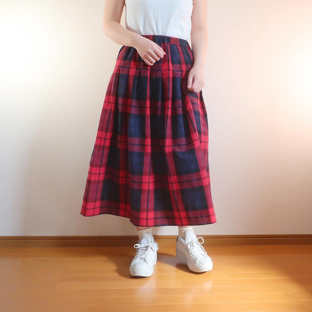 春一番 体型カバー 赤＆黒 チェック柄 タックスカート（綿麻／チェック柄） | 5枚目