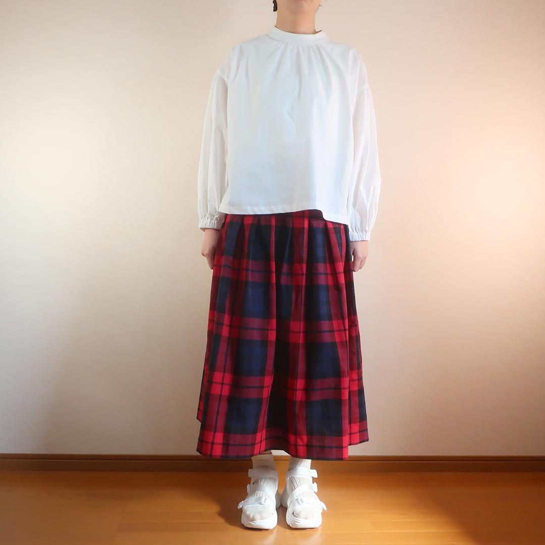 春一番 体型カバー 赤＆黒 チェック柄 タックスカート（綿麻／チェック柄） | 13枚目