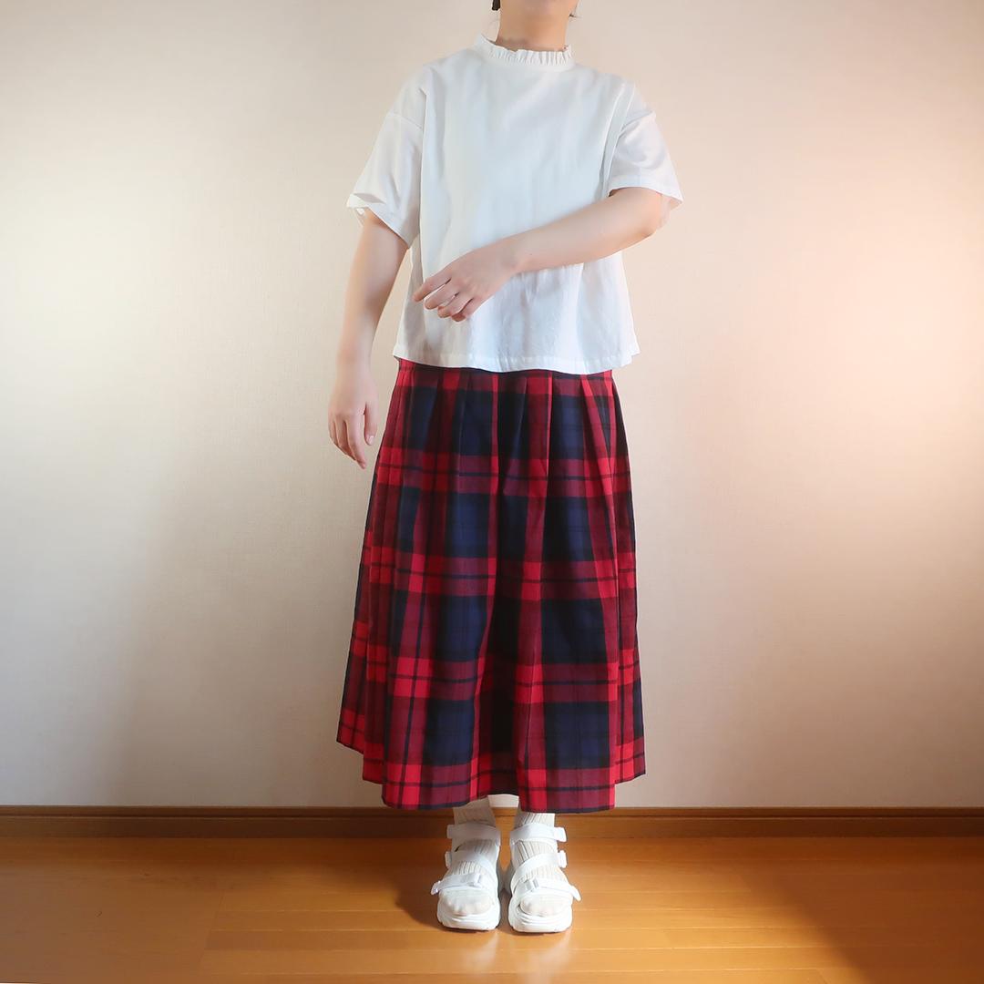 春一番 体型カバー 赤＆黒 チェック柄 タックスカート（綿麻／チェック柄） | 14枚目