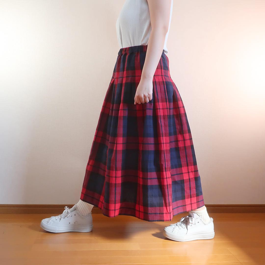春一番 体型カバー 赤＆黒 チェック柄 タックスカート（綿麻／チェック柄） | 6枚目