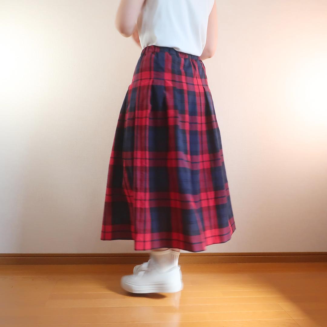 春一番 体型カバー 赤＆黒 チェック柄 タックスカート（綿麻／チェック柄） | 7枚目
