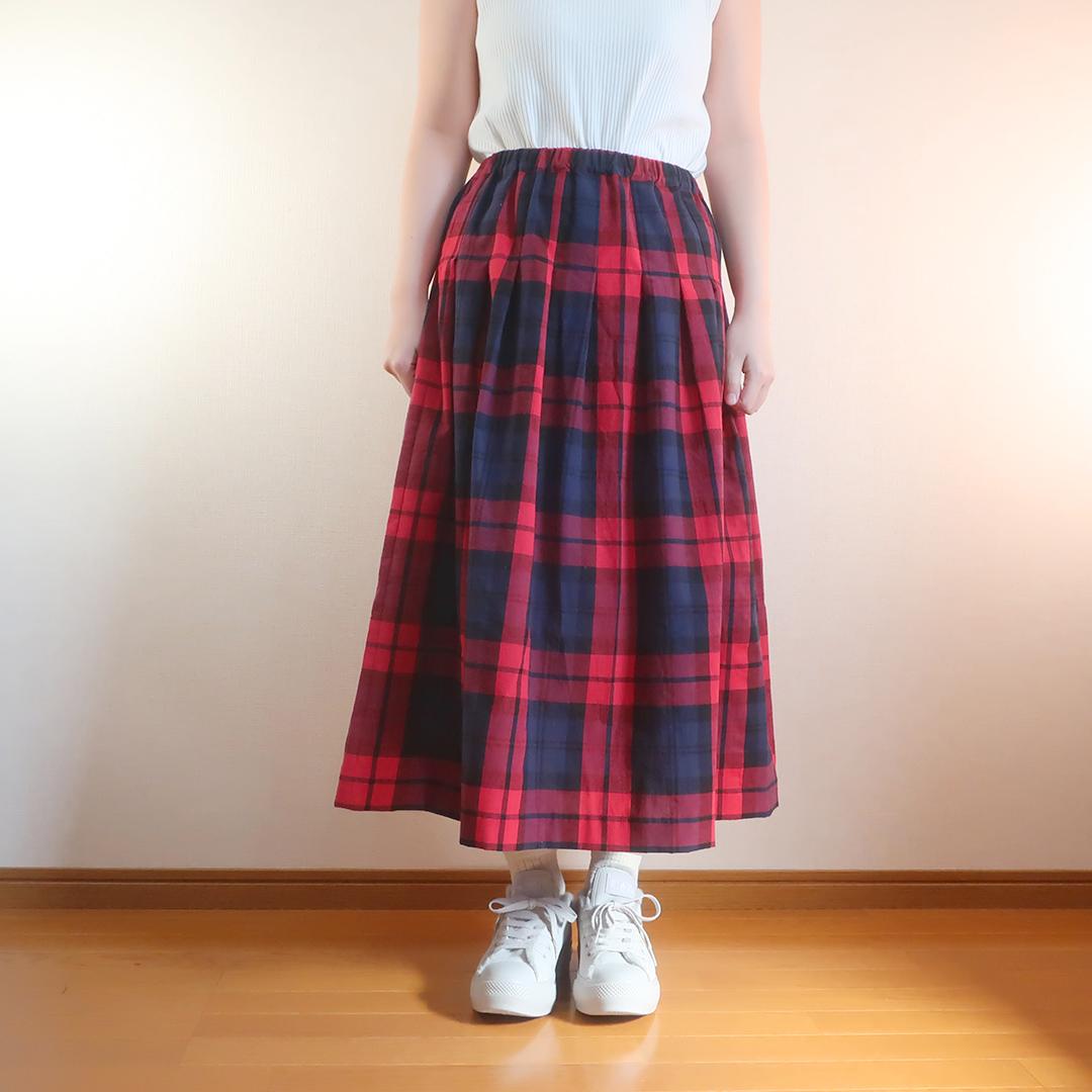 春一番 体型カバー 赤＆黒 チェック柄 タックスカート（綿麻／チェック柄） | 8枚目