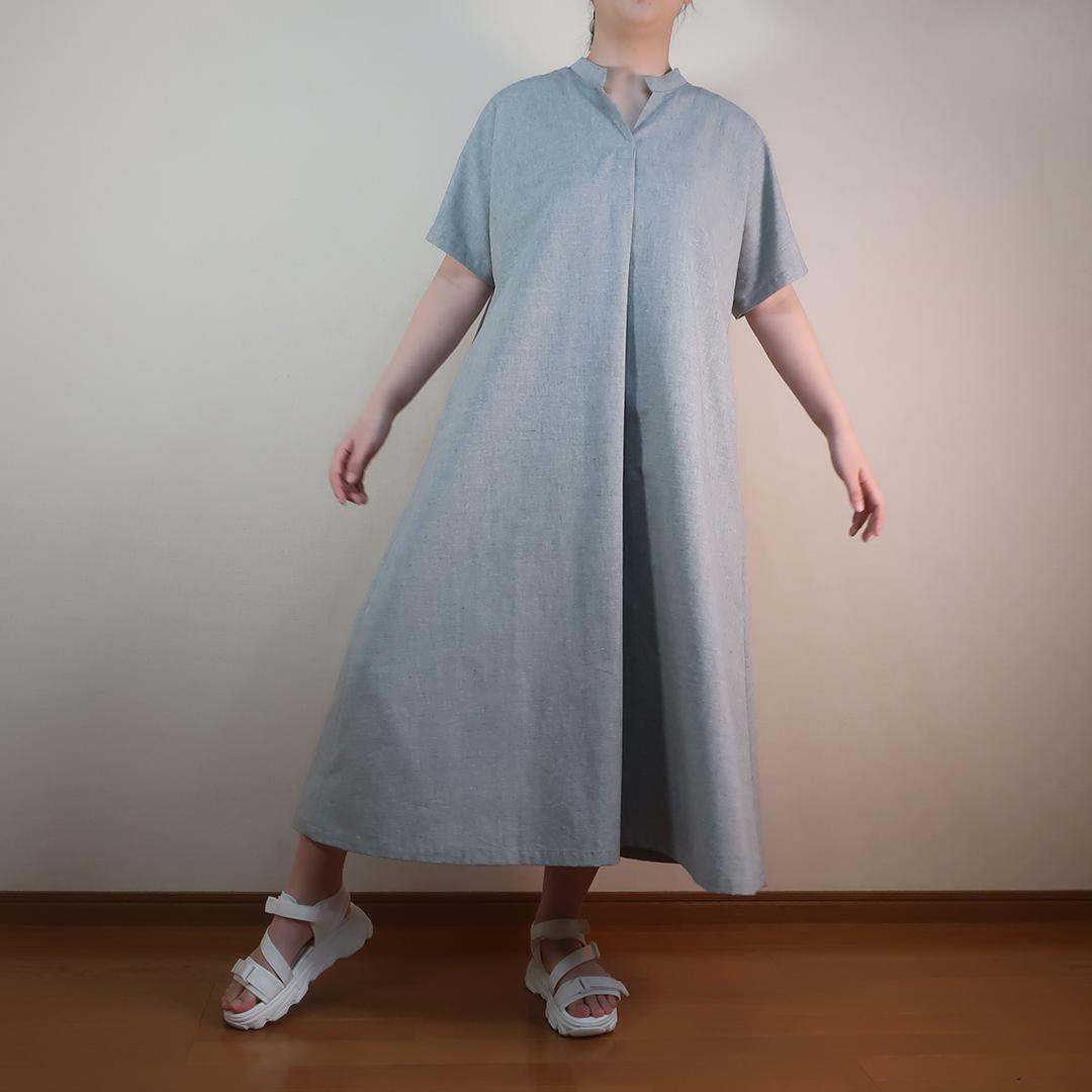 着れば完結 風通し最高 コクーン風スリーブ バンドカラー半袖ワンピース（コットン／ダンガリーグレー） | 10枚目