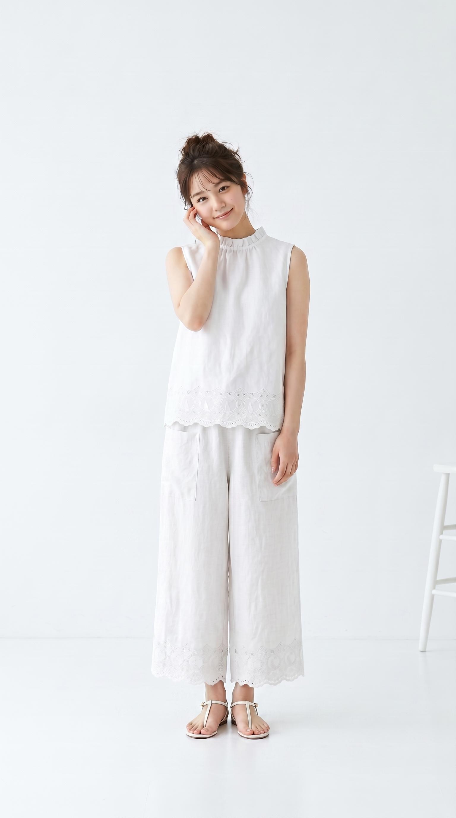 猫柄スカラップ 夏のお洒落着 フリル襟ノースリーブブラウス（コットン／全３色） | 6枚目