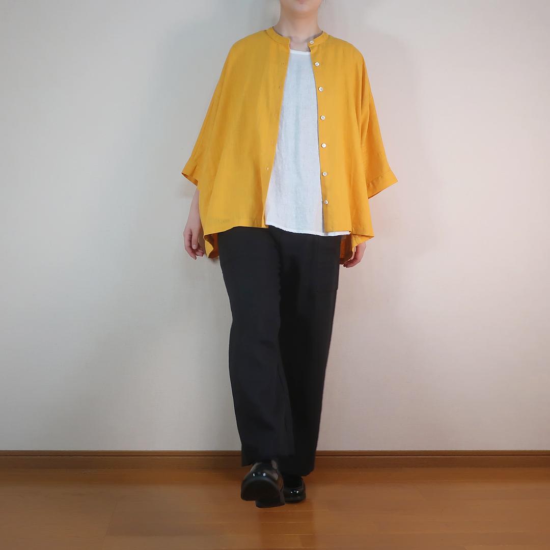 驚きの贅沢な身幅のドレープ感 魅せる大人の余裕 前開きオーバーシャツブラウス(リネン/黄色) | 15枚目